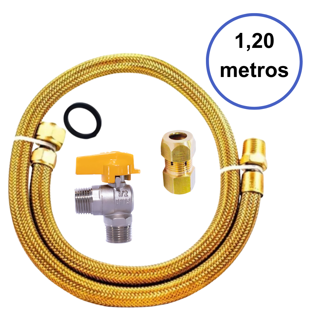 KIT MANGUEIRA COBRE 1, 20 METRO NBR 14.177 + ADAPTADOR DE FOGÃO + REGISTRO MACHO
